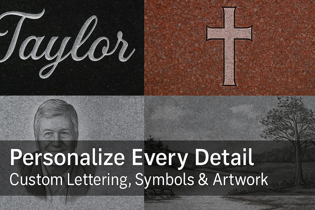 Customized granite monuments from Clear Stream showing personalization options including symbols and engravings