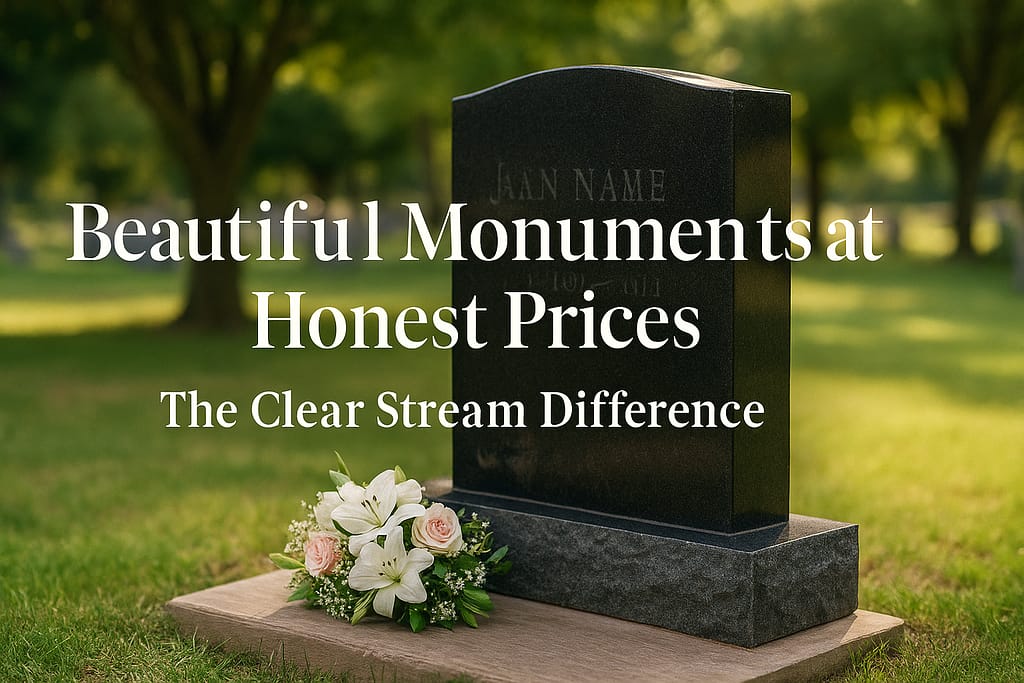 Beautiful polished granite upright monument from Clear Stream Monuments in peaceful cemetery setting