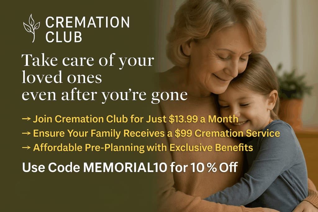 Elderly woman hugging her granddaughter with warm smiles, promoting Cremation Club’s affordable pre-planning membership for $13.99 a month, ensuring family peace of mind and $99 cremation coverage.