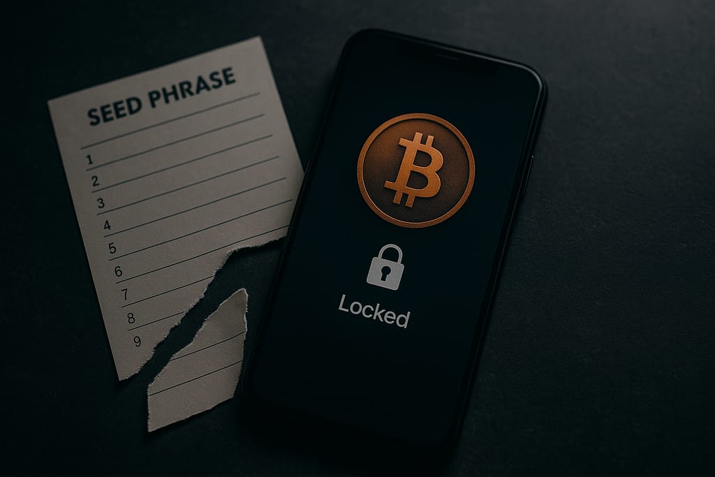 Locked cryptocurrency wallet on smartphone illustrating executor's inability to access Bitcoin and digital assets without seed phrases or private keys