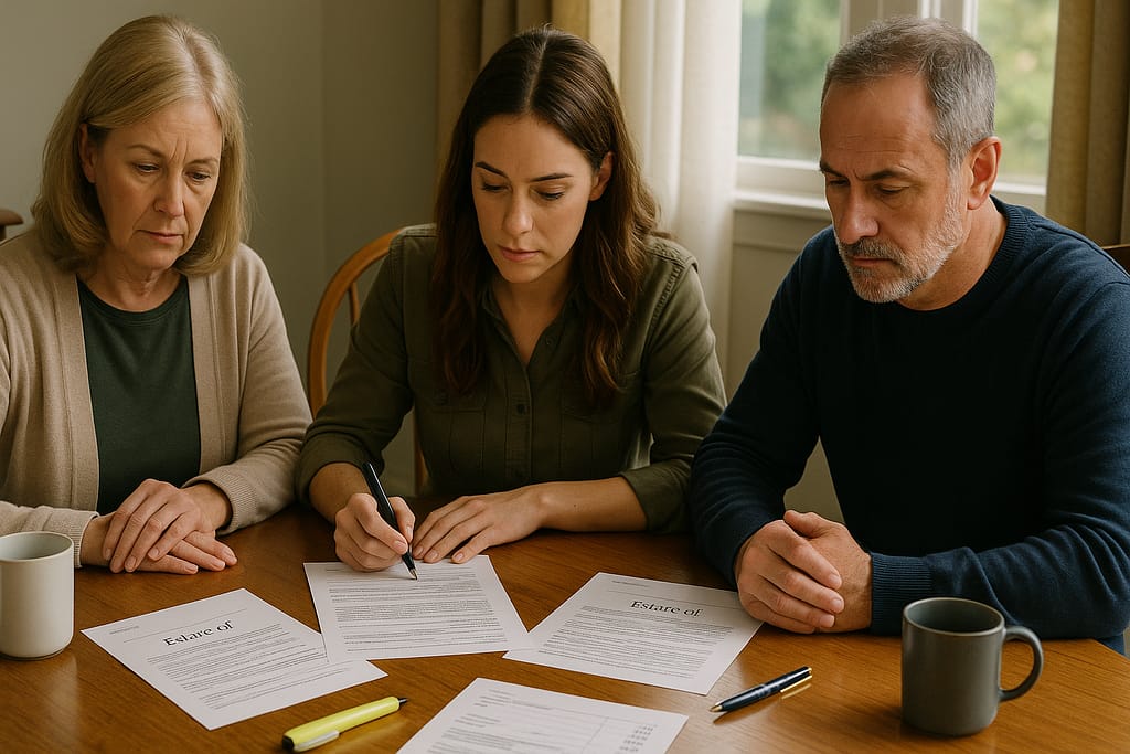 Family members meeting at dining table to discuss estate distribution and executor compensation transparently
