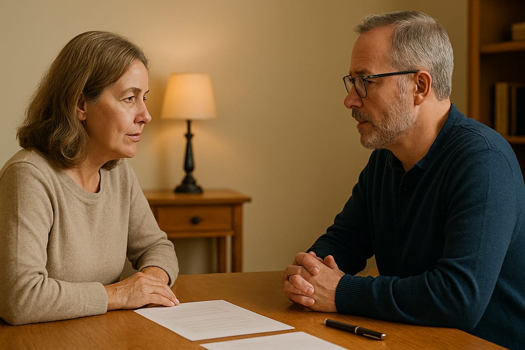 Two people having respectful discussion at table representing executor communication with estate beneficiaries