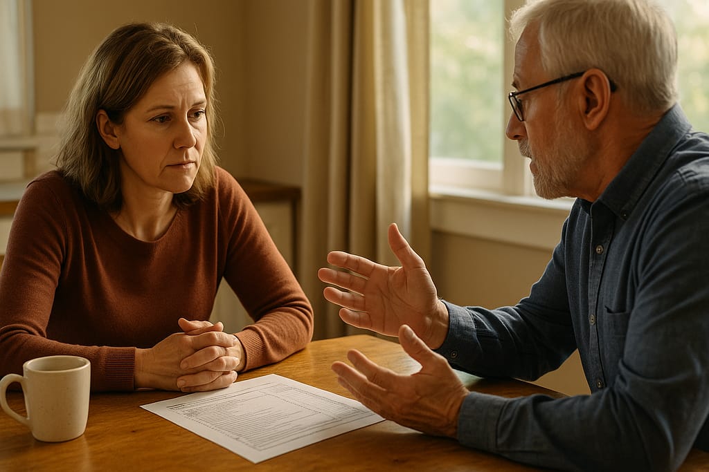 Two family members having serious conversation at kitchen table about executor duties and compensation expectations