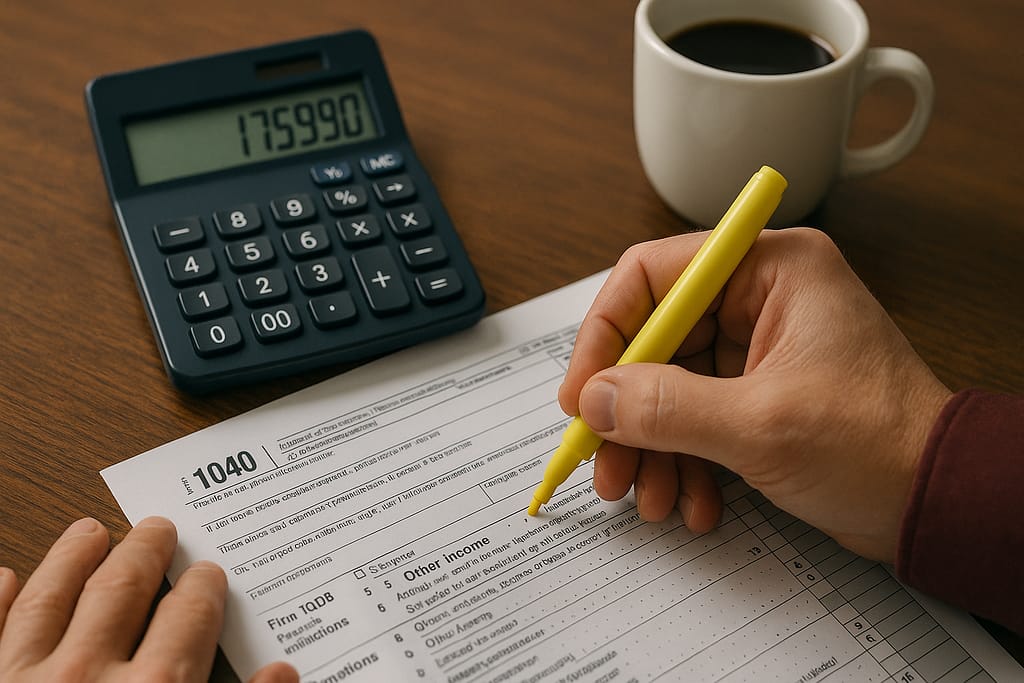 Close-up of tax forms and calculator showing executor fee tax calculation and reporting requirements