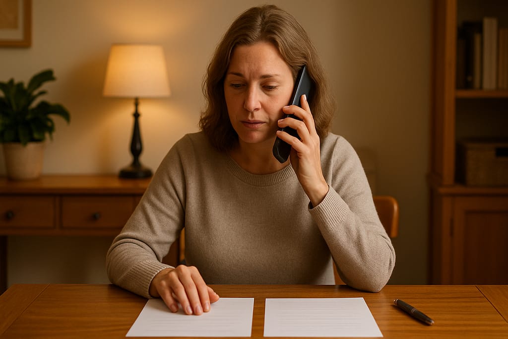 Woman on phone reviewing estate documents representing executor communicating with beneficiaries remotely
