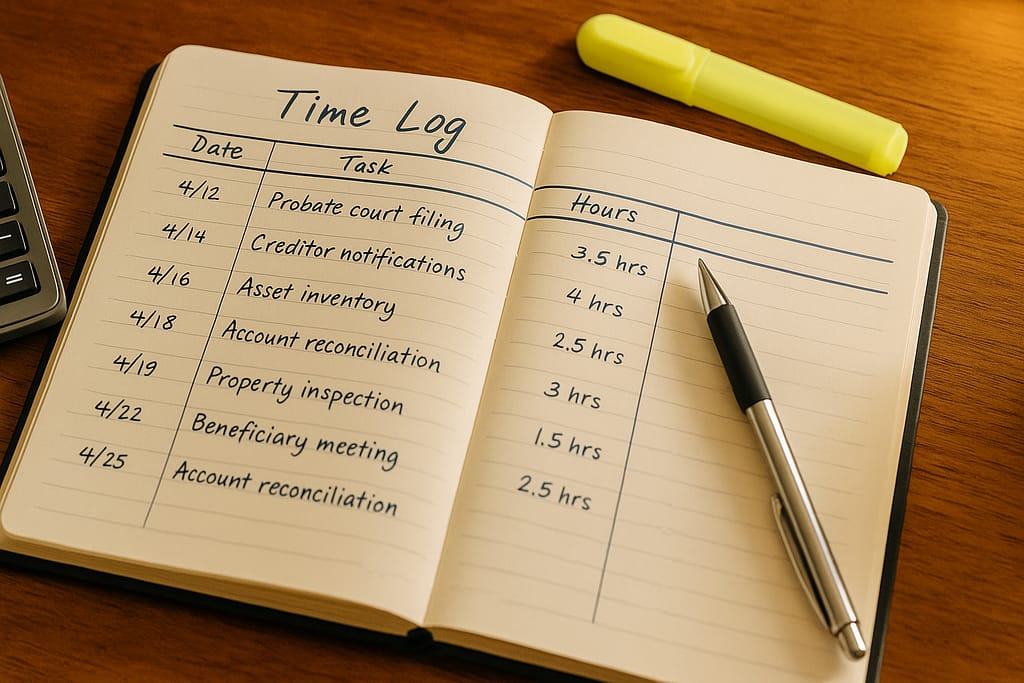 Detailed time log notebook showing executor task tracking with hours and descriptions for fee justification