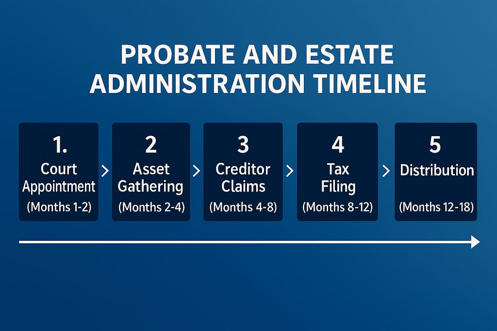 Five-phase timeline showing typical 12-18 month executor and probate process from appointment to distribution