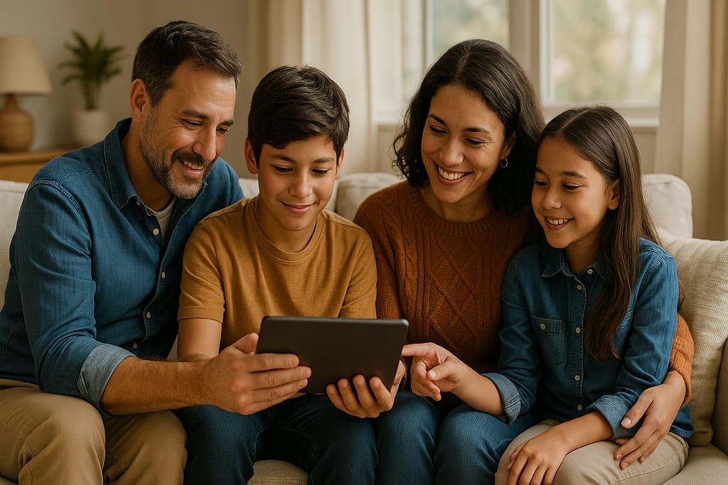 Family reviewing estate planning documents together on tablet in comfortable home setting