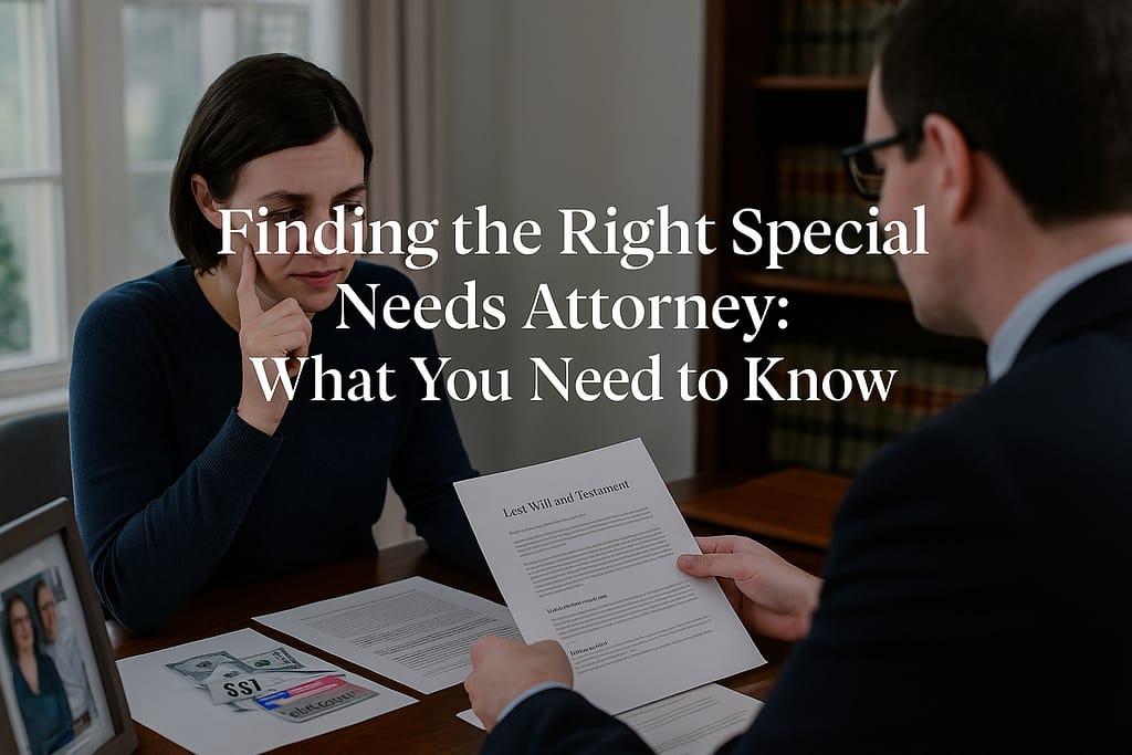Parent meeting with estate planning attorney reviewing special needs trust documents during consultation to evaluate attorney expertise