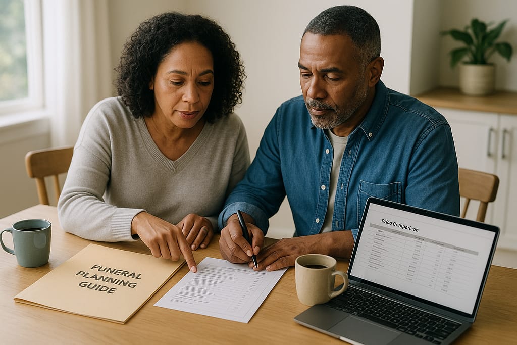 Couple reviewing funeral planning documents and price comparison checklist at home, making informed consumer decisions