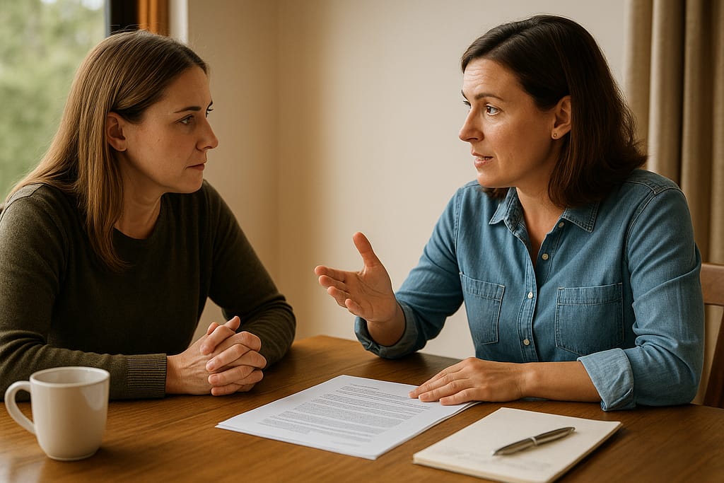 Two siblings having serious conversation about guardianship responsibilities at table with documents