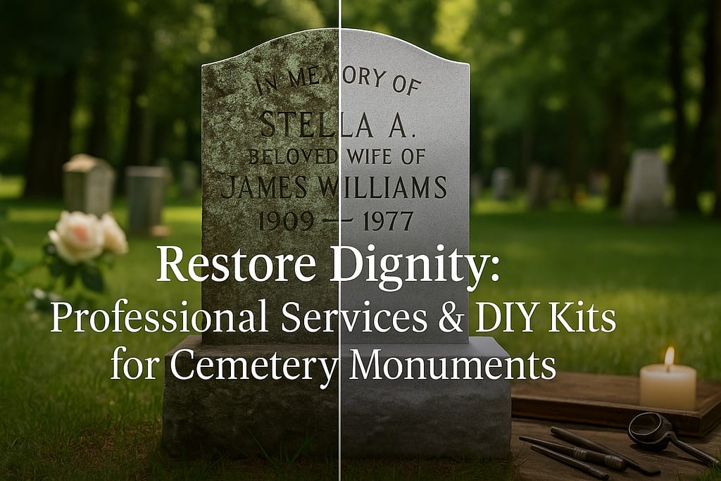 Before and after headstone cleaning showing restored cemetery monument dignity