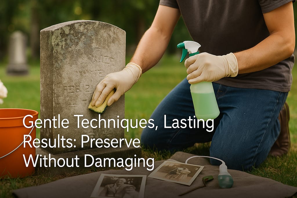 Safe headstone cleaning techniques using proper products designed for cemetery monuments