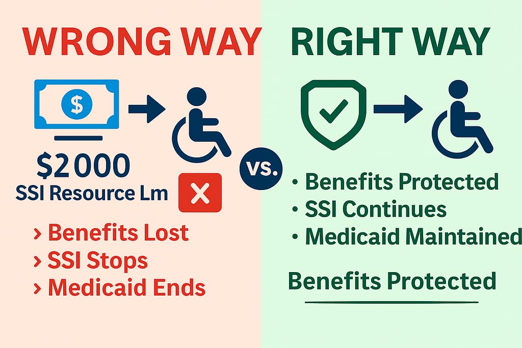 Split screen comparison showing wrong way (direct inheritance) versus right way (trust inheritance) for special needs benefit protection