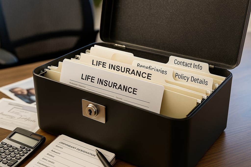 Organized life insurance document filing system showing proper storage and accessibility for family members