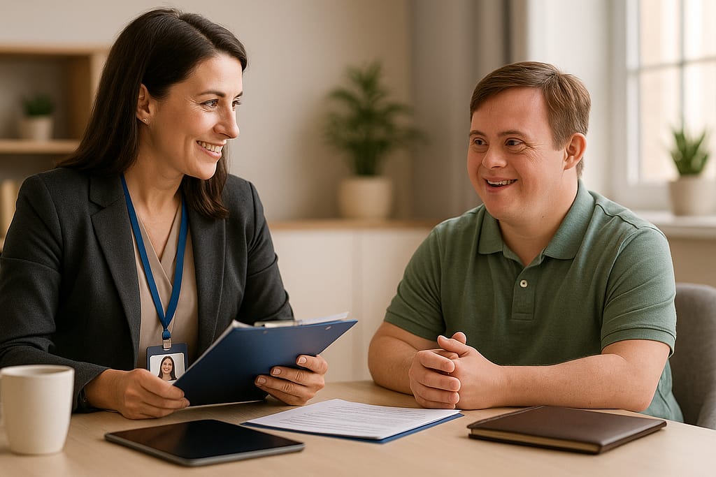 Professional guardian meeting with young adult with disabilities in friendly, professional setting