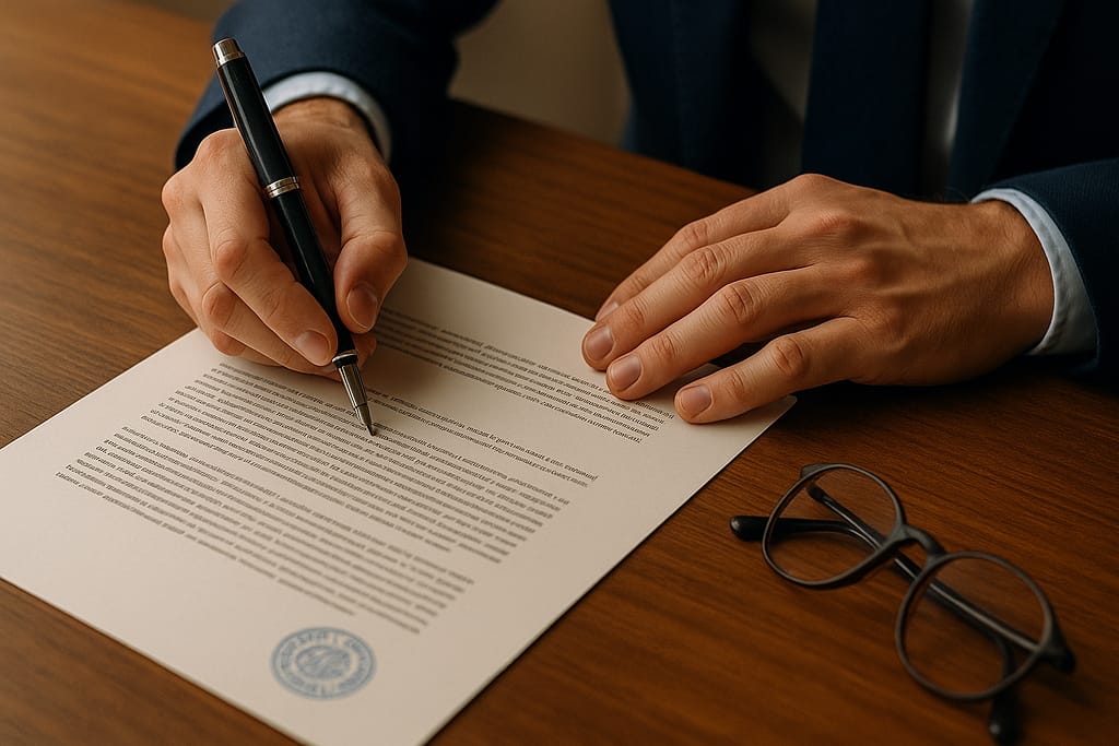 Hands signing legal estate planning documents with pen on desk