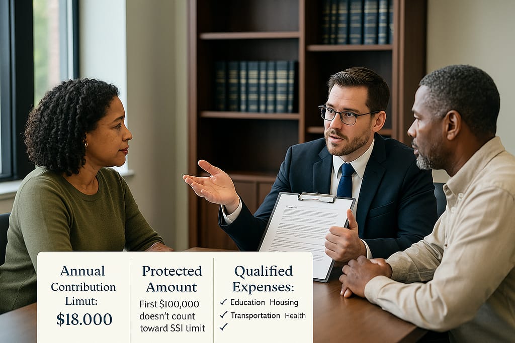 Parents meeting with estate planning attorney specializing in special needs planning to discuss their child's future