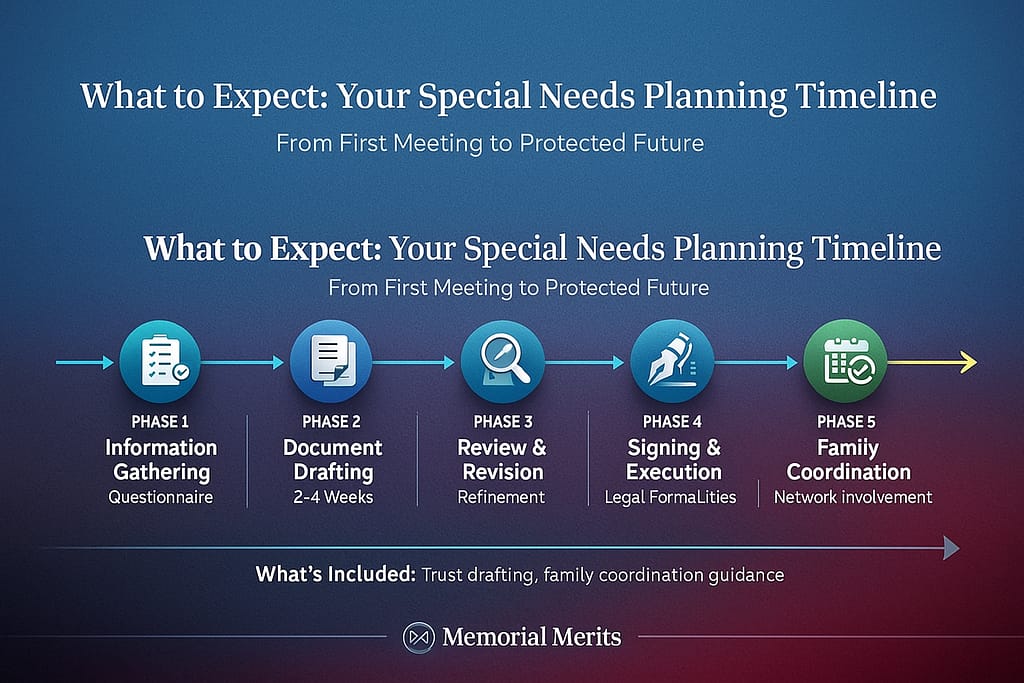Timeline infographic showing six phases of working with special needs estate planning attorney from information gathering through ongoing updates