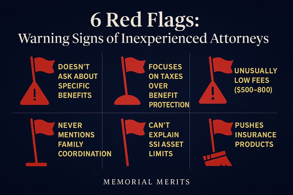 Infographic showing six red flag warning signs that indicate estate planning attorney lacks real special needs expertise