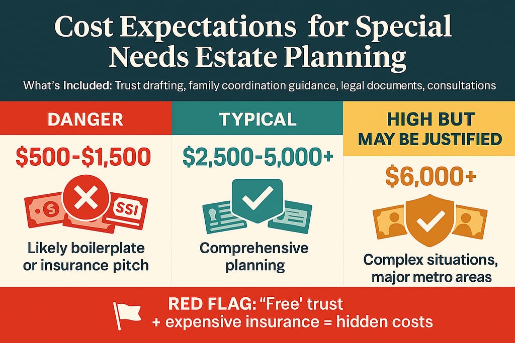 Cost expectations infographic showing typical pricing ranges for special needs estate planning from danger zone under $2000 to reasonable $2500-5000 comprehensive planning fees