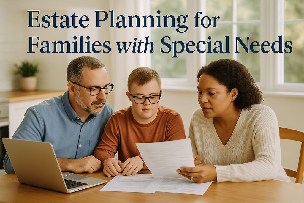 Family with special needs child reviewing estate planning documents together at home