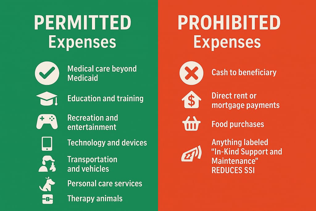 Infographic showing permitted and prohibited expenses for special needs trusts to protect SSI and Medicaid benefits
