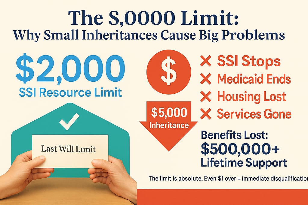 Infographic showing how SSI $2,000 resource limit means even small $5,000 inheritance causes immediate benefit loss