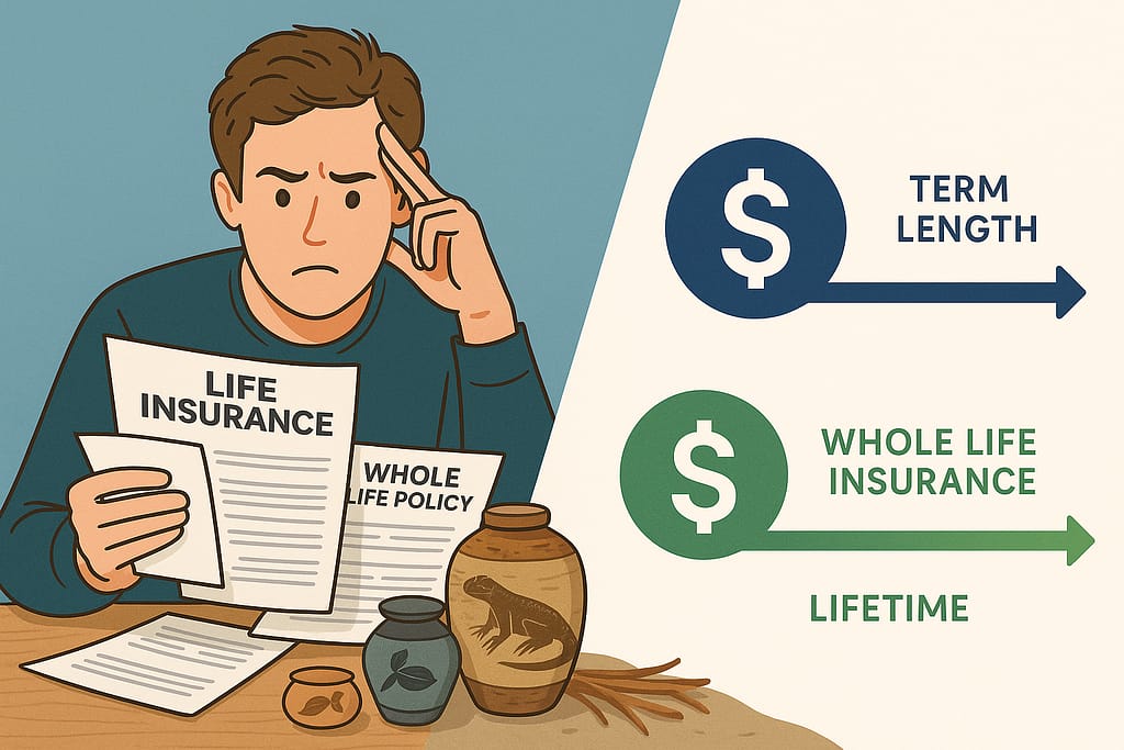 Visual comparison of term life insurance versus whole life insurance showing cost differences and coverage types