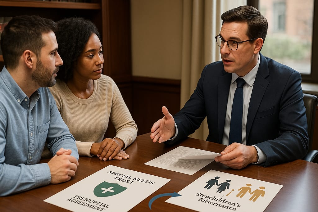 Couple meeting with estate planning attorney reviewing special needs trust documents and prenuptial agreements in professional office