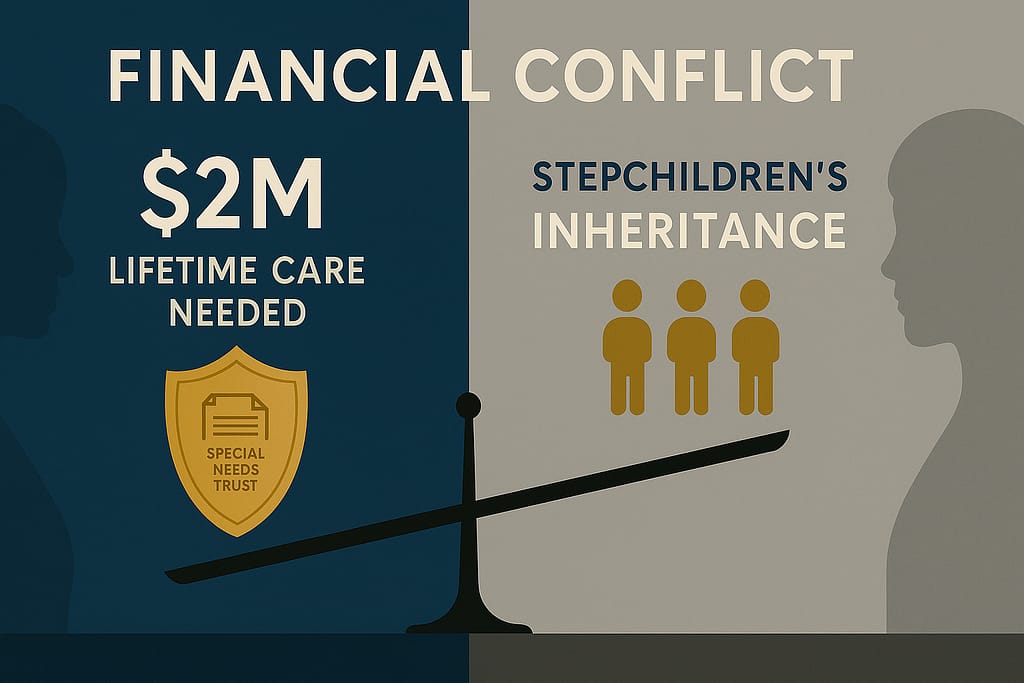 Infographic showing financial balance between special needs child's $2M lifetime care needs and stepchildren's inheritance rights