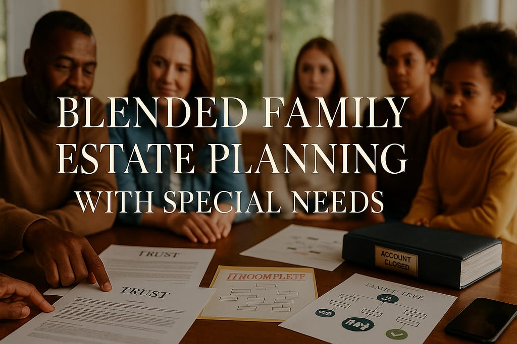 Blended family reviewing estate planning documents together at dining table with trust paperwork and family structure diagrams