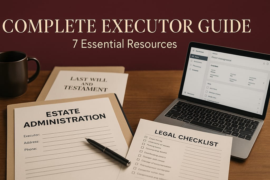 Professional executor workspace showing estate administration documents, legal checklists, and organizational tools for comprehensive executor guidance