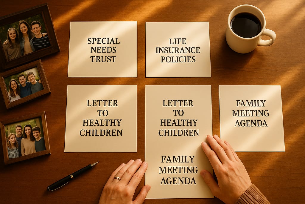 Overhead view of organized estate planning documents including special needs trust, life insurance policies, trustee compensation, and family communication materials showing thorough prevention strategy