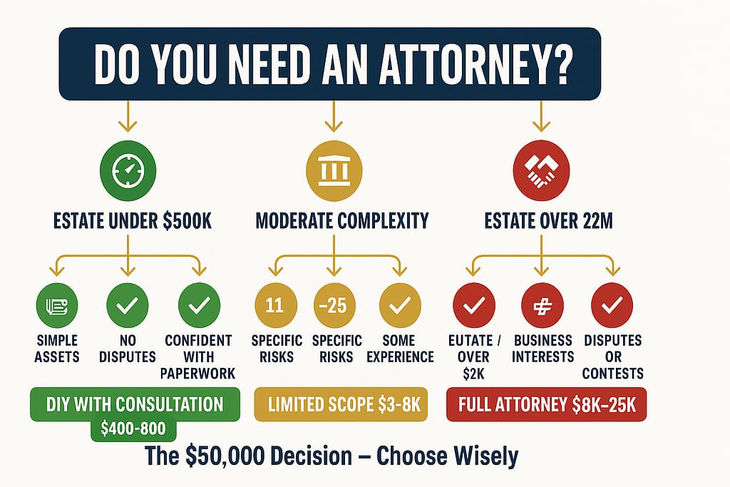 Decision tree flowchart showing three executor paths based on complexity - DIY with consultation, limited scope services, or full attorney representation with cost ranges