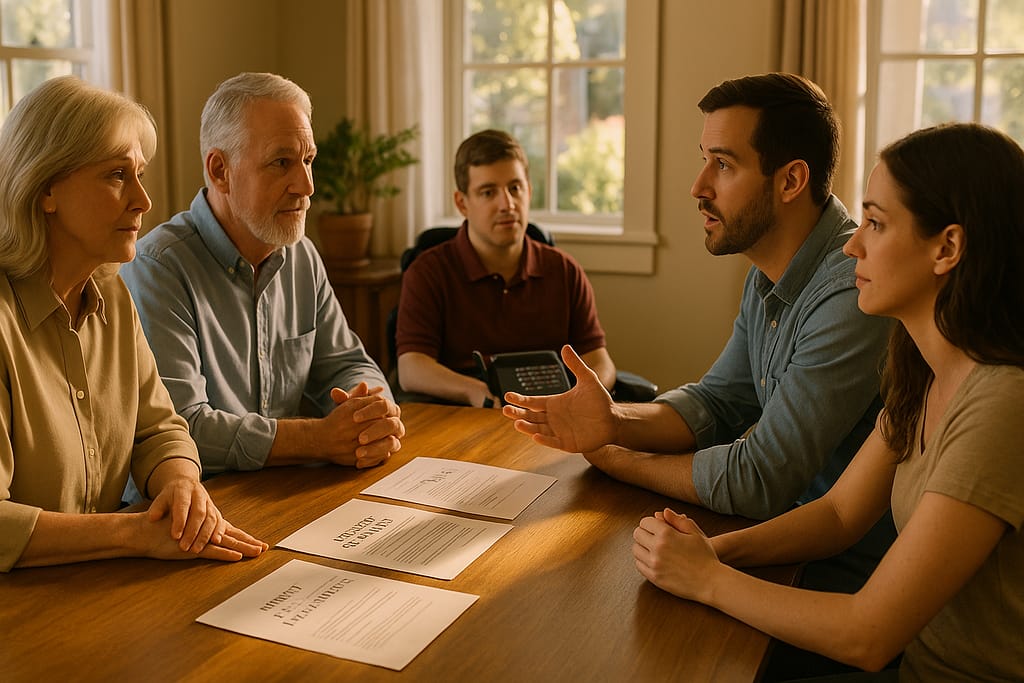Multi-generational family having respectful conversation about estate planning with documents on table showing proactive communication about inheritance