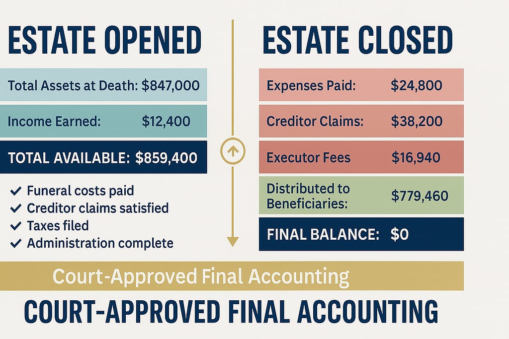 Split-screen infographic comparing estate opened versus estate closed showing complete accounting from $859,400 total available through all expenses to $0 final balance