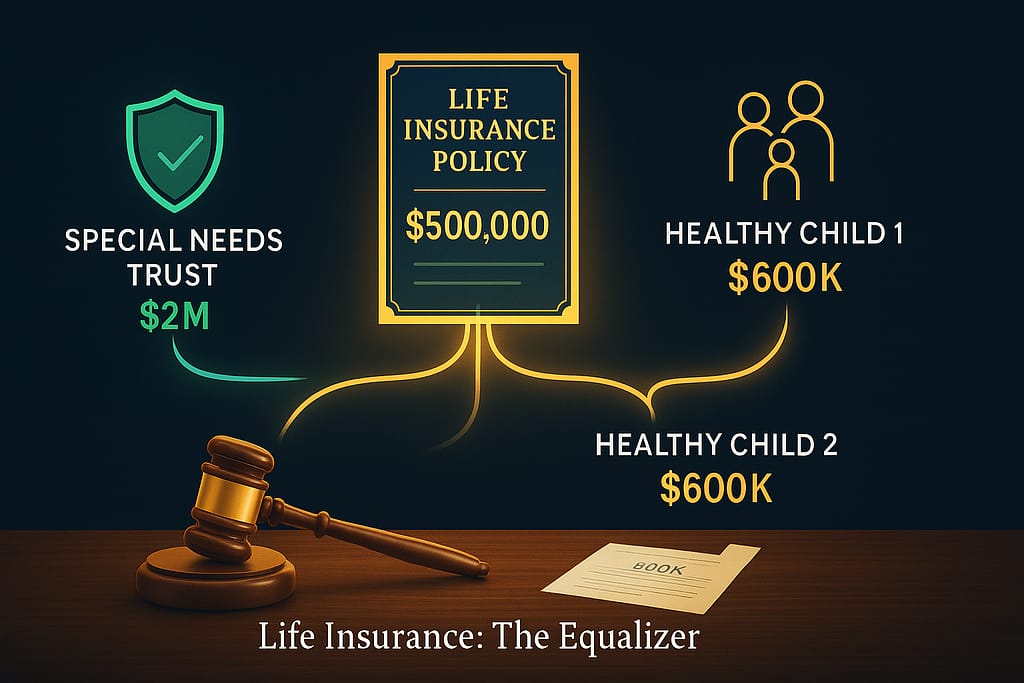 Diagram showing life insurance policy funding flowing to special needs trust and healthy children's inheritances to reduce sibling resentment