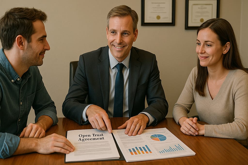 Professional trustee meeting with siblings to manage special needs trust showing neutral third-party expertise preventing family conflicts