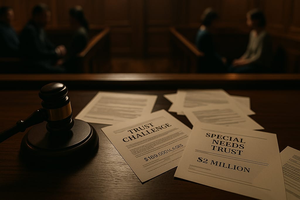 Courtroom scene with judge's gavel and trust challenge documents showing legal fees and divided family silhouettes in background