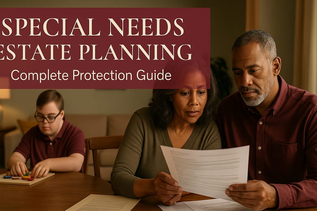 Family reviewing special needs trust documents and estate planning materials to protect benefits and ensure lifetime care for special needs child