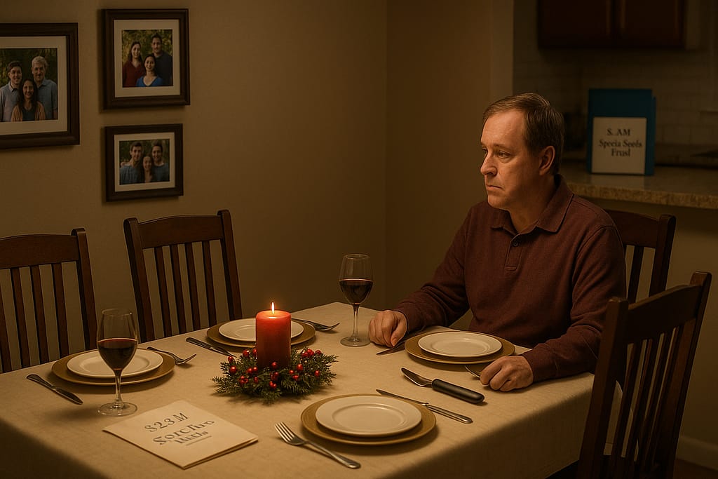 Person with disability sitting alone at holiday table with empty chairs where siblings once sat after inheritance created family rift