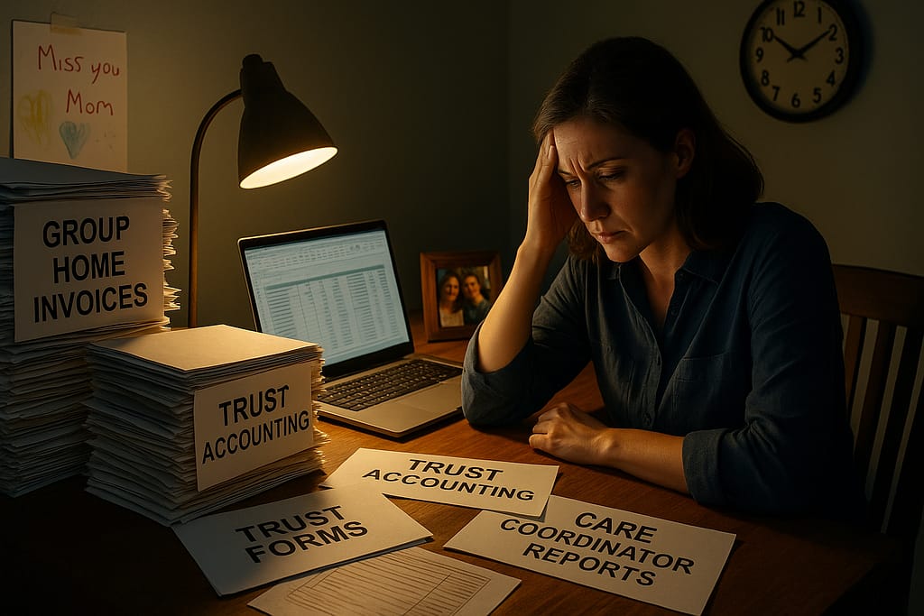 Exhausted woman at desk late at night managing special needs trust paperwork unpaid while family photo shows the sibling relationship she's maintaining