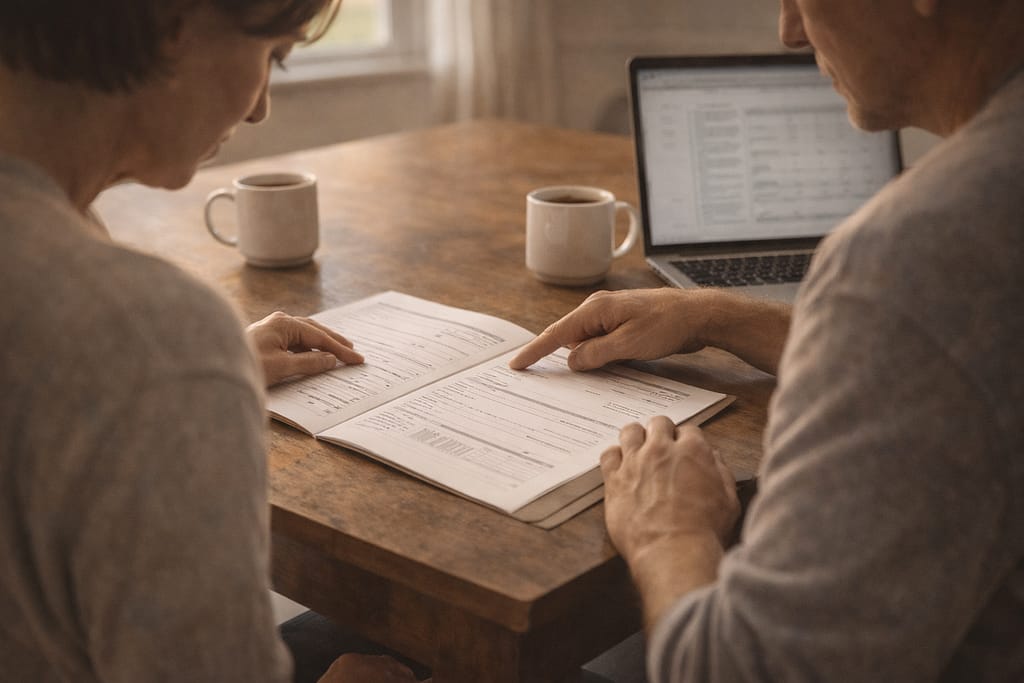 Two people reviewing life insurance documents together at a table representing the process of comparing carriers when navigating pre-existing conditions
