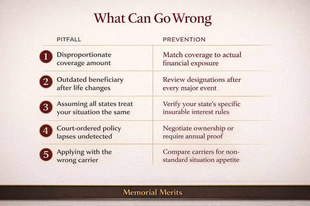 Infographic listing five common insurable interest mistakes including disproportionate coverage and outdated beneficiaries with specific prevention steps for each