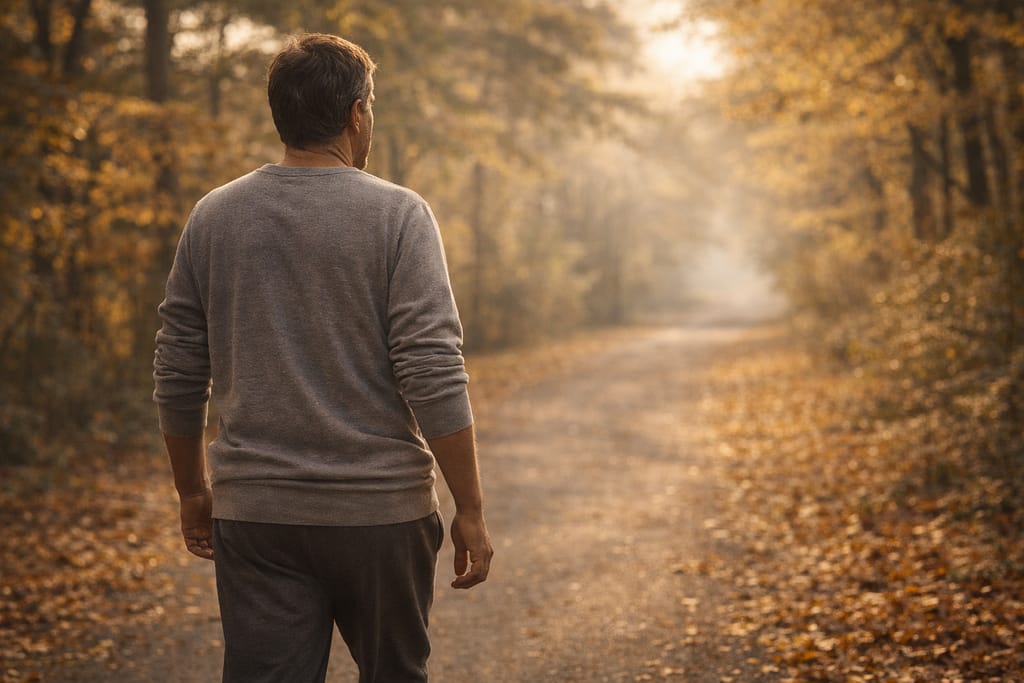 Person walking on a tree-lined path representing active recovery and forward momentum after a cardiovascular health event
