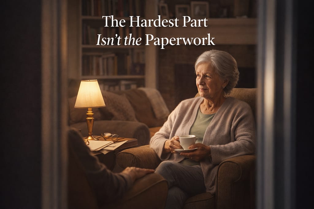 Warm photograph of an older woman in her living room during a thoughtful conversation representing the emotional challenge of discussing life insurance with aging parents