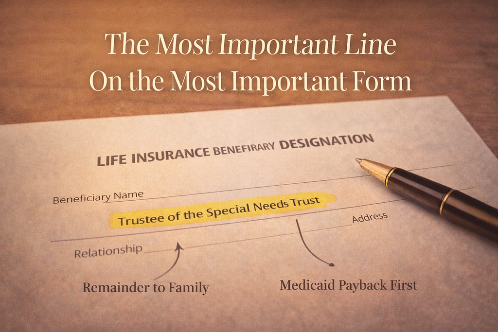 Close-up of a life insurance beneficiary designation form
correctly naming the trustee of a special needs trust