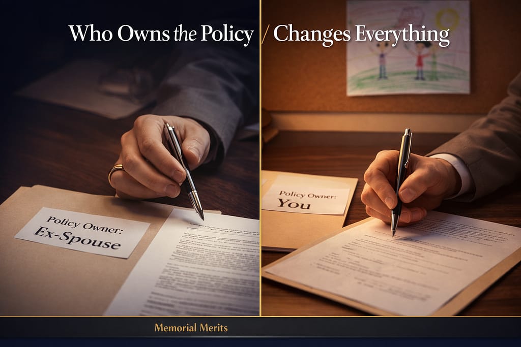 Split image comparing two divorce scenarios showing how policy ownership determines whether the custodial parent or ex-spouse controls life insurance protection for children