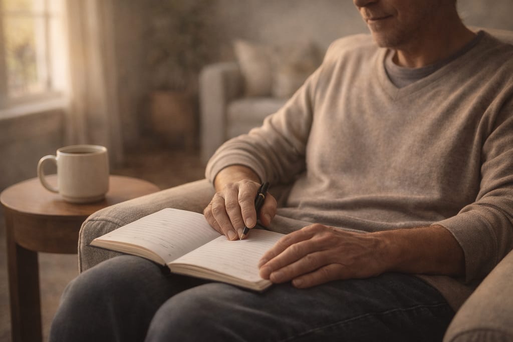 Person sitting comfortably with a journal in natural light representing stability and openness about mental health in the insurance process